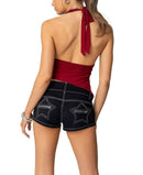 Long Sleeve Edikted Rhett Asymmetric Hem Halter Top Burgundy