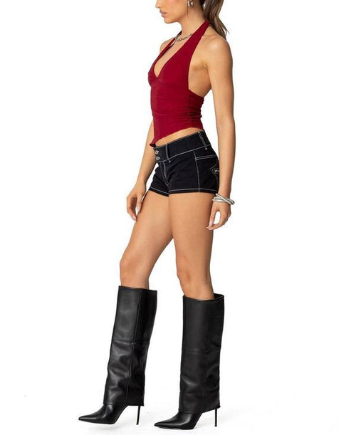 Long Sleeve Edikted Rhett Asymmetric Hem Halter Top Burgundy