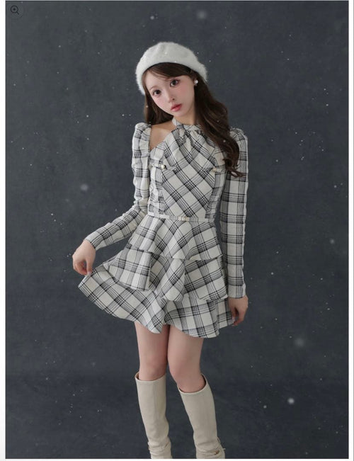 Long Sleeves, Three Quarter Sleeve Halter Check Mini Onepiece White