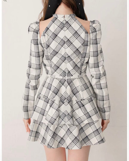 Long Sleeves, Three Quarter Sleeve Halter Check Mini Onepiece White
