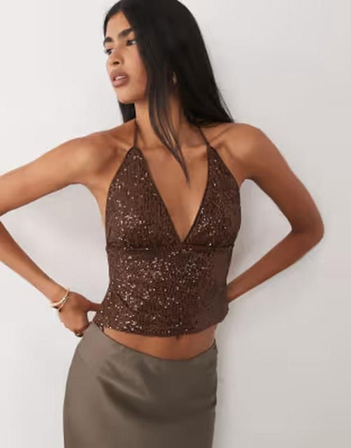 Long Sleeve Asos Design Sequin Backless Halter Neck Top In Chocolate