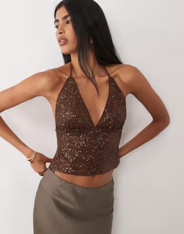 Long Sleeve Asos Design Sequin Backless Halter Neck Top In Chocolate