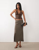 Long Sleeve Asos Design Sequin Backless Halter Neck Top In Chocolate