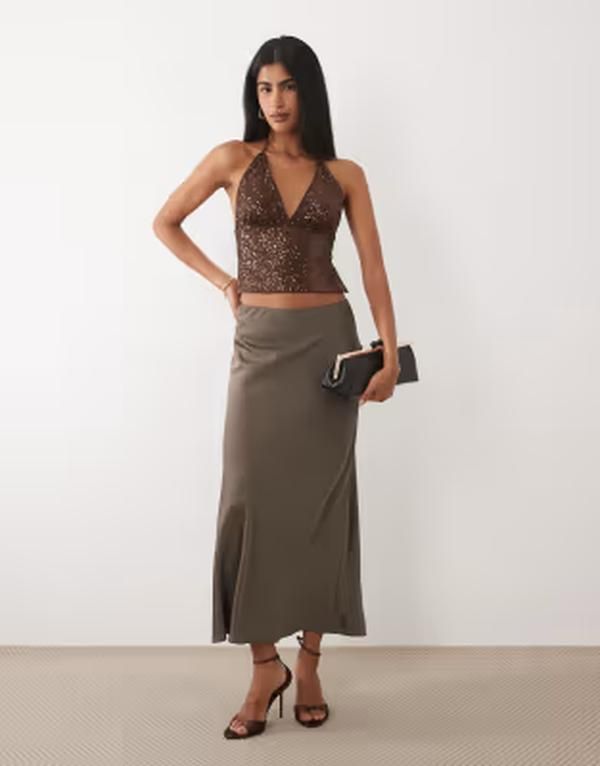 Long Sleeve Asos Design Sequin Backless Halter Neck Top In Chocolate