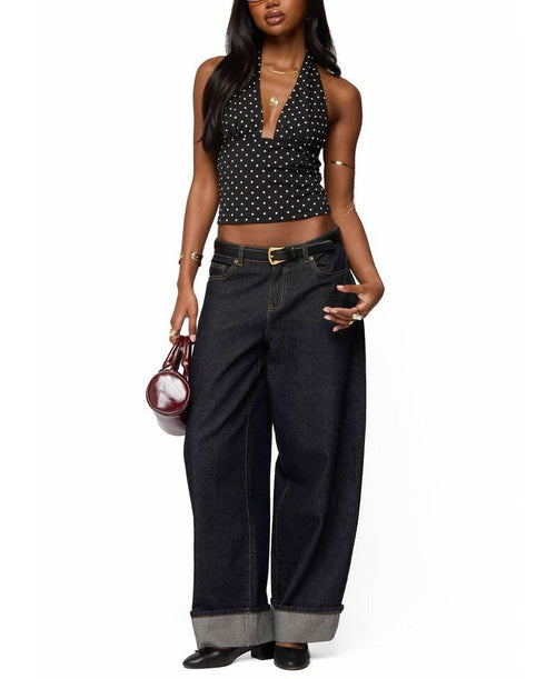 Long Sleeve Edikted Blaire Polka Dot Halter Top Blackandwhite