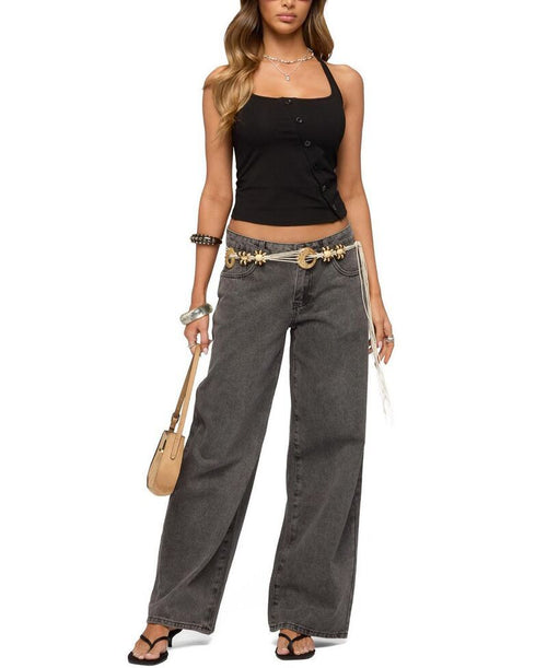 Long Sleeve Edikted Asymmetric Button Up Halter Top Black