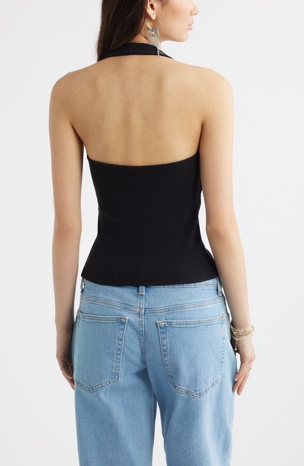 Bp Long Sleeve V Vnecknit Halter Top Black