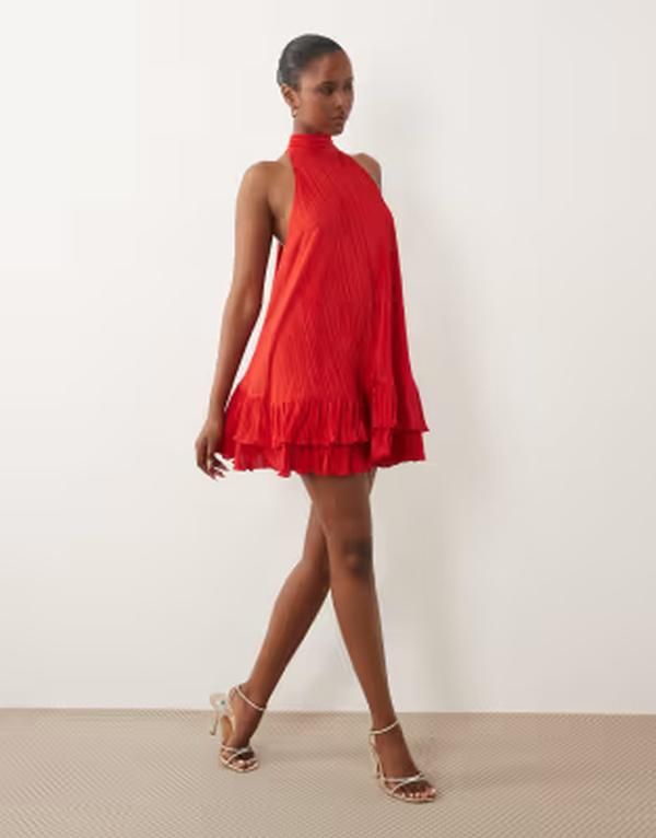Long Sleeves, Three Quarter Sleeve Asos Design Plisse Halter Neck Mini Dress