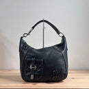Miu Shoulder Bags Y2K Logo Hobo Bag Leather Black