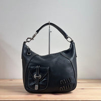 Miu Shoulder Bags Y2K Logo Hobo Bag Leather Black