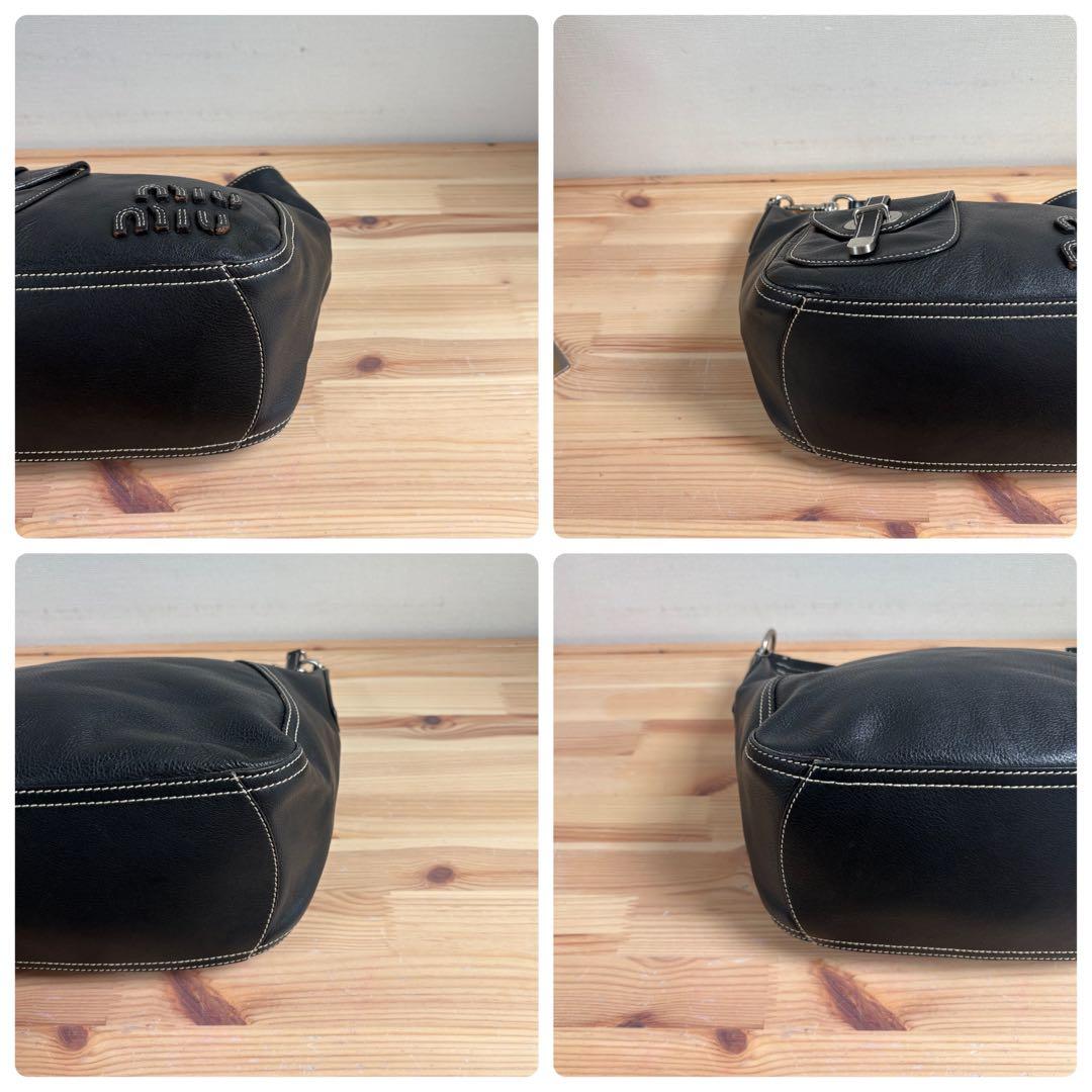 Miu Shoulder Bags Y2K Logo Hobo Bag Leather Black