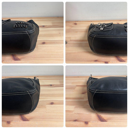 Miu Shoulder Bags Y2K Logo Hobo Bag Leather Black