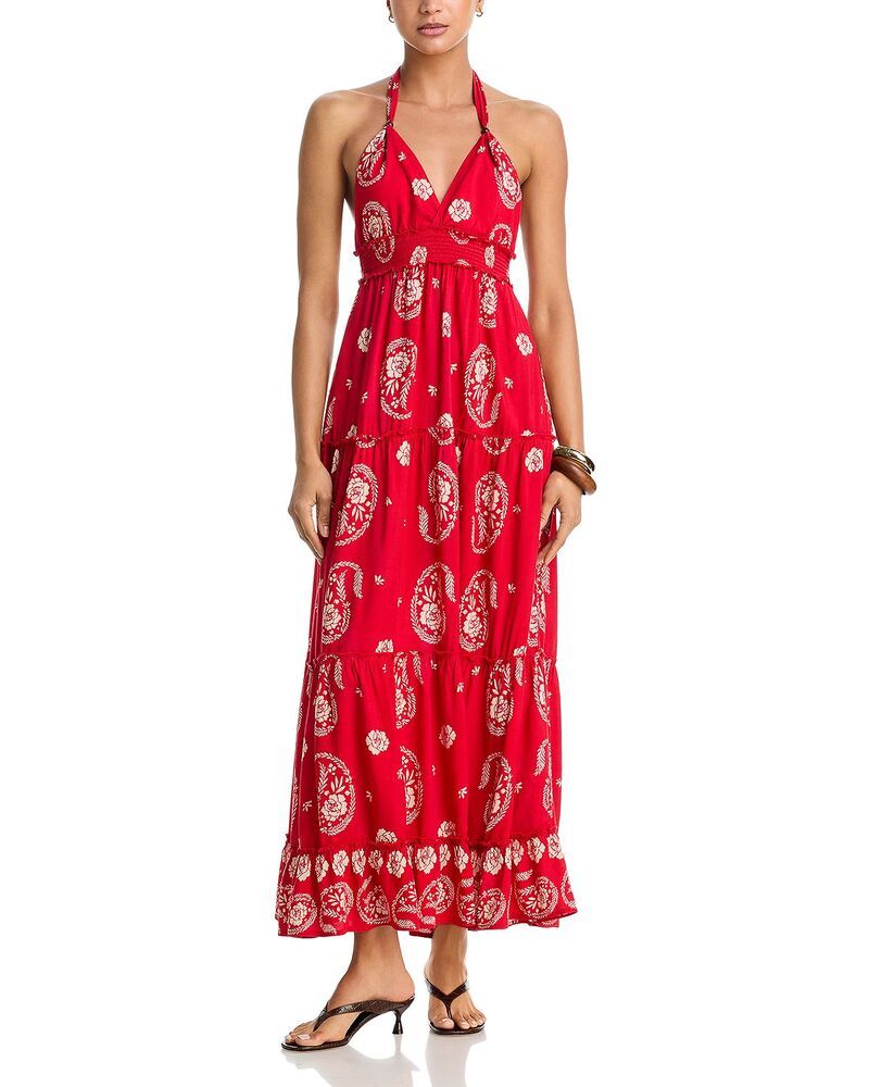 Aqua Long Sleeves, Three Quarter Sleeve Paisley Halter Smocked Maxi Dress