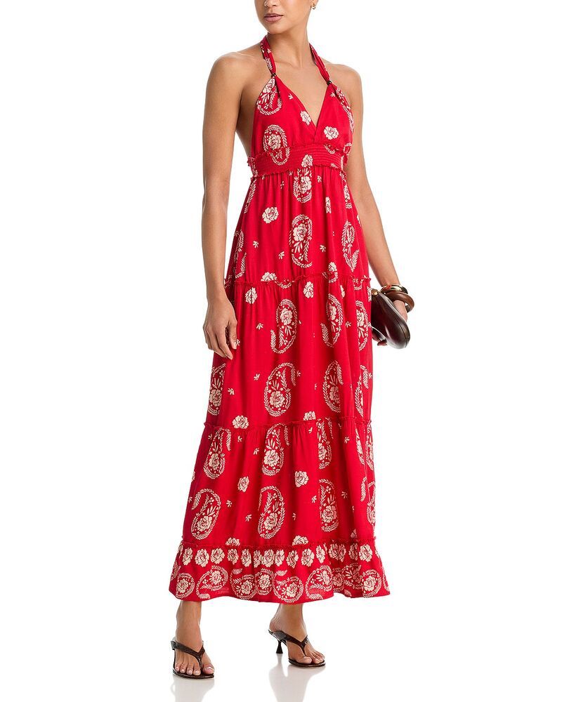 Aqua Long Sleeves, Three Quarter Sleeve Paisley Halter Smocked Maxi Dress