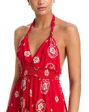 Aqua Long Sleeves, Three Quarter Sleeve Paisley Halter Smocked Maxi Dress