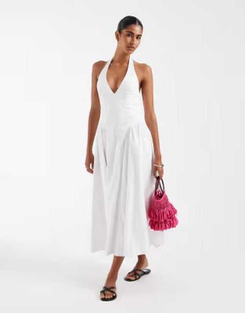 Long Sleeves, Three Quarter Sleeve Kiss The Sky Halter Neck Midaxi Dress White