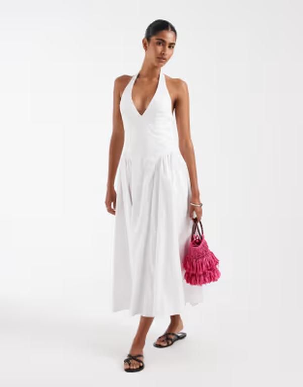 Long Sleeves, Three Quarter Sleeve Kiss The Sky Halter Neck Midaxi Dress White