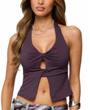 Long Sleeve Edikted Prima Twisted Split Front Halter Topurple