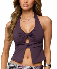 Long Sleeve Edikted Prima Twisted Split Front Halter Topurple