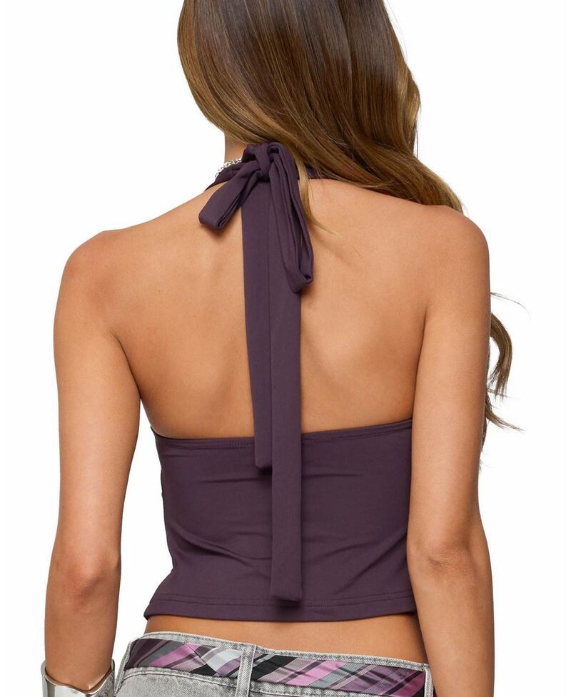 Long Sleeve Edikted Prima Twisted Split Front Halter Topurple