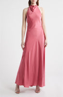 Long Sleeves, Three Quarter Sleeve Wayf Sibella Cowl Halter Neck Satin Gown