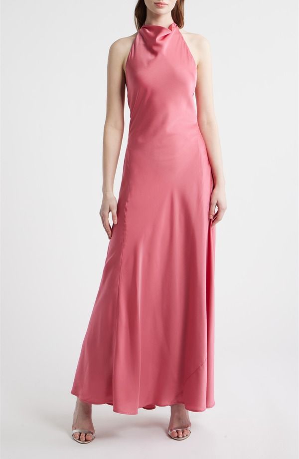 Long Sleeves, Three Quarter Sleeve Wayf Sibella Cowl Halter Neck Satin Gown
