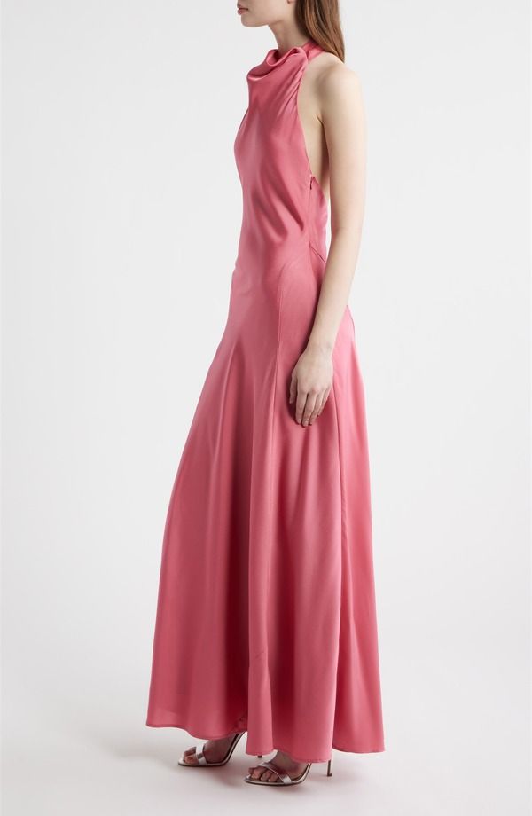 Long Sleeves, Three Quarter Sleeve Wayf Sibella Cowl Halter Neck Satin Gown