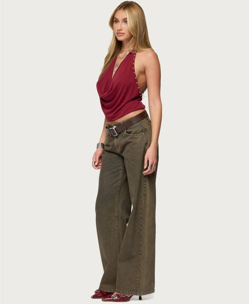 Long Sleeve Edikted Womens Irina Stud Cowl Neck Halter Top Burgundy