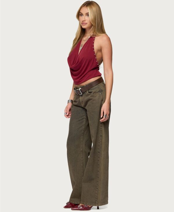 Long Sleeve Edikted Womens Irina Stud Cowl Neck Halter Top Burgundy