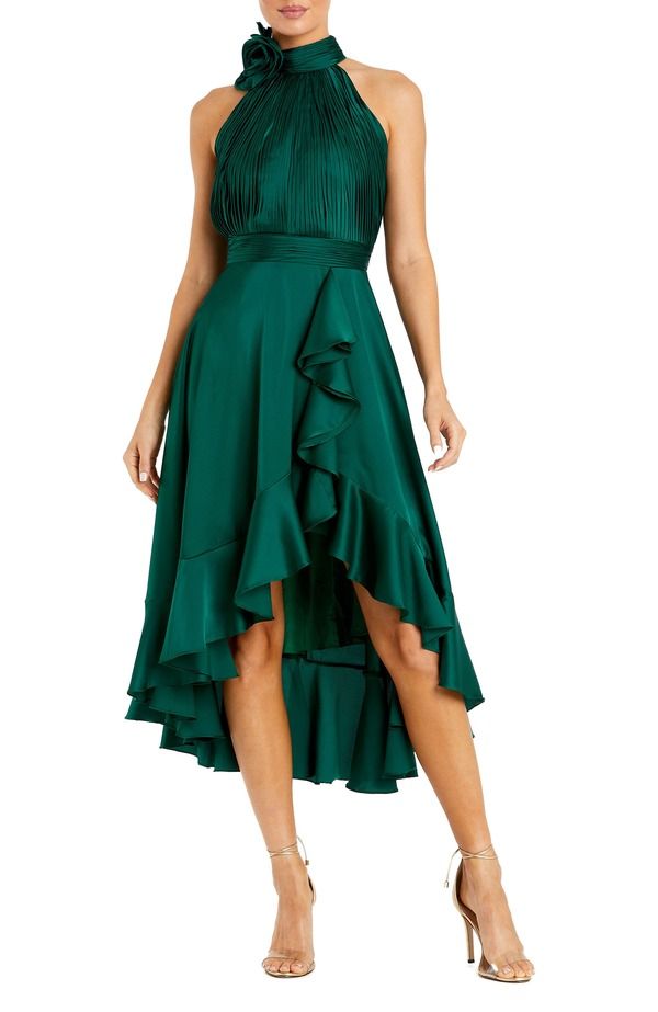 Long Sleeves, Three Quarter Sleeve Mac Duggal Halter Neck Flower Detail Ruffled