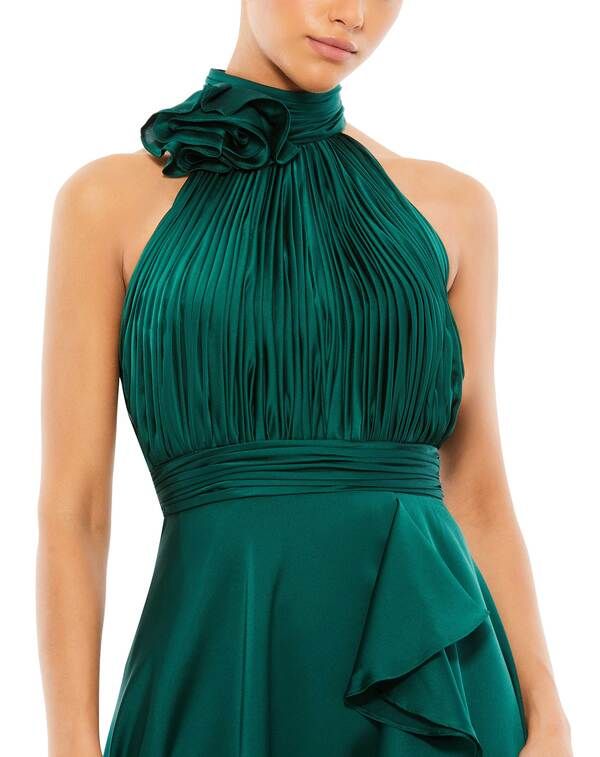 Long Sleeves, Three Quarter Sleeve Mac Duggal Halter Neck Flower Detail Ruffled