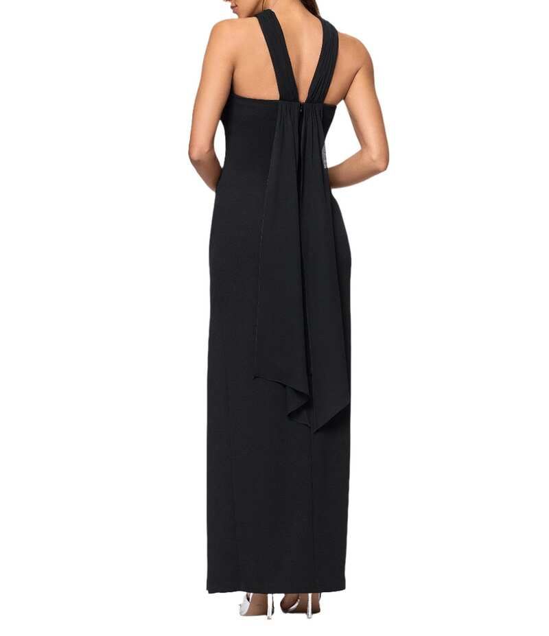 Others Xscape Halter Scuba Crepe Ruched Back Draping Sheath Gown Black