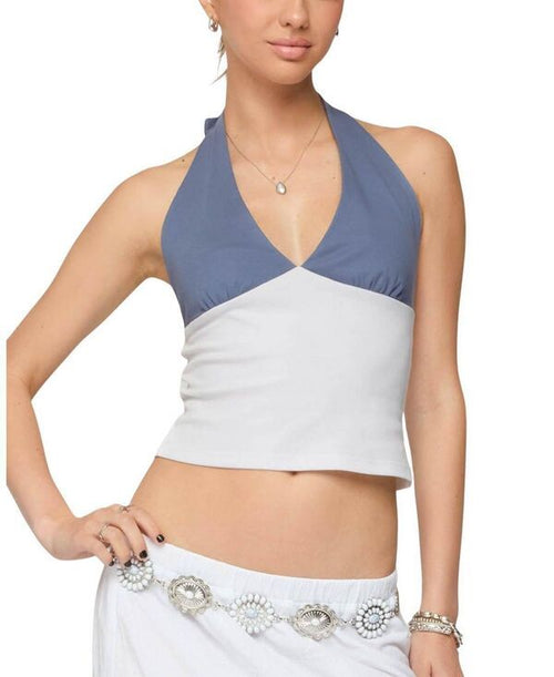 Long Sleeve Edikted Janna Color Block Halter Top Blueandwhite
