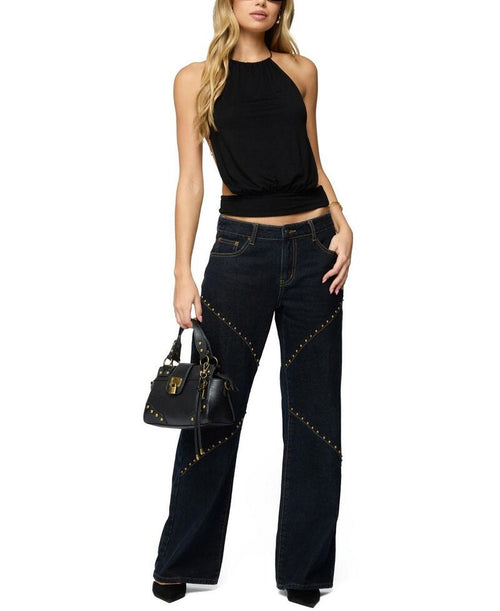 Long Sleeve Ediktedamarey Chain Backless Halter Top Black