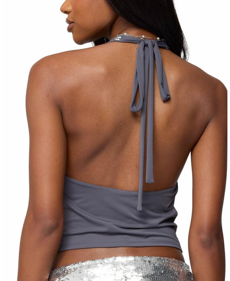 Long Sleeve Edikted Briella Cowl Neck Halter Top Darkgray