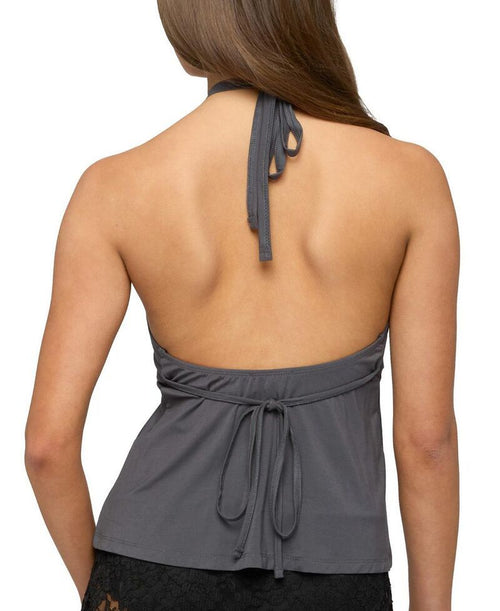 Long Sleeve Ediktedafnie Split Front Crisscross Halter Top Darkgray