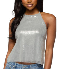 Long Sleeve Edikted Itara Sequin Backless Halter Top Silver