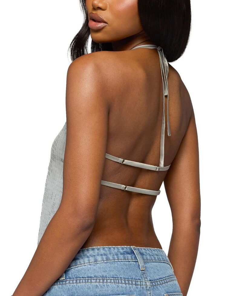 Long Sleeve Edikted Itara Sequin Backless Halter Top Silver