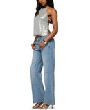 Long Sleeve Edikted Itara Sequin Backless Halter Top Silver
