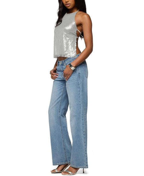 Long Sleeve Edikted Itara Sequin Backless Halter Top Silver