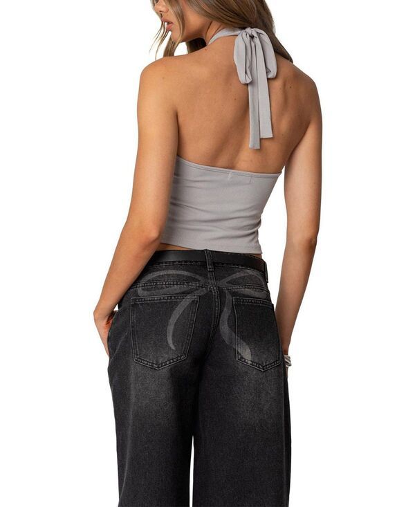 Long Sleeve Edikted Reissa Criss Cross Halter Top Gray