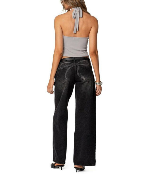 Long Sleeve Edikted Reissa Criss Cross Halter Top Gray