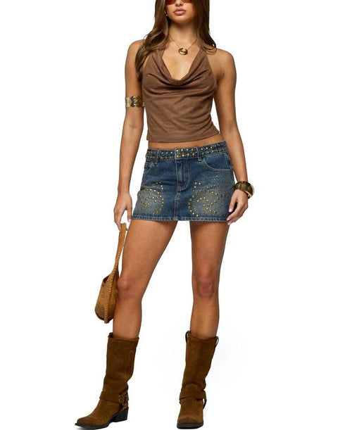 Long Sleeve Edikted Adeline Faux Suede Cowl Neck Halter Top Brown