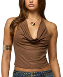 Long Sleeve Edikted Adeline Faux Suede Cowl Neck Halter Top Brown