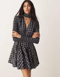 Others Asos Design Halterneck Mini Dress And White Plaid Mono Check