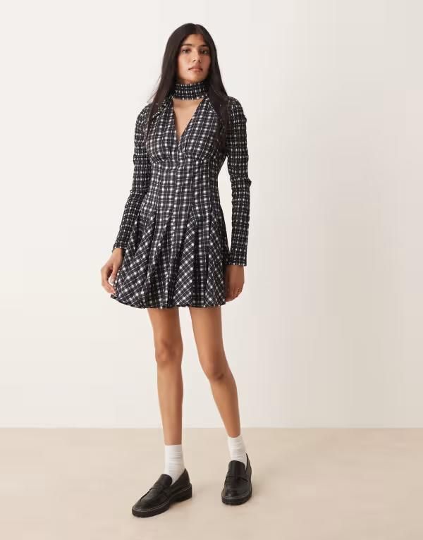 Others Asos Design Halterneck Mini Dress And White Plaid Mono Check