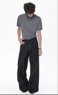 Slacks Embroidered Foldover Waist Wide