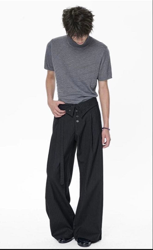 Slacks Embroidered Foldover Waist Wide