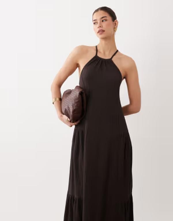 Asos Long Sleeves, Three Quarter Sleeve Design Textu Red Halter Trapeze Maxi