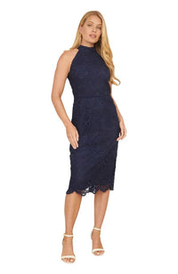 Yumi Kim Long Sleeves, Three Quarter Sleeve Lace Halter Neck Dress Navy